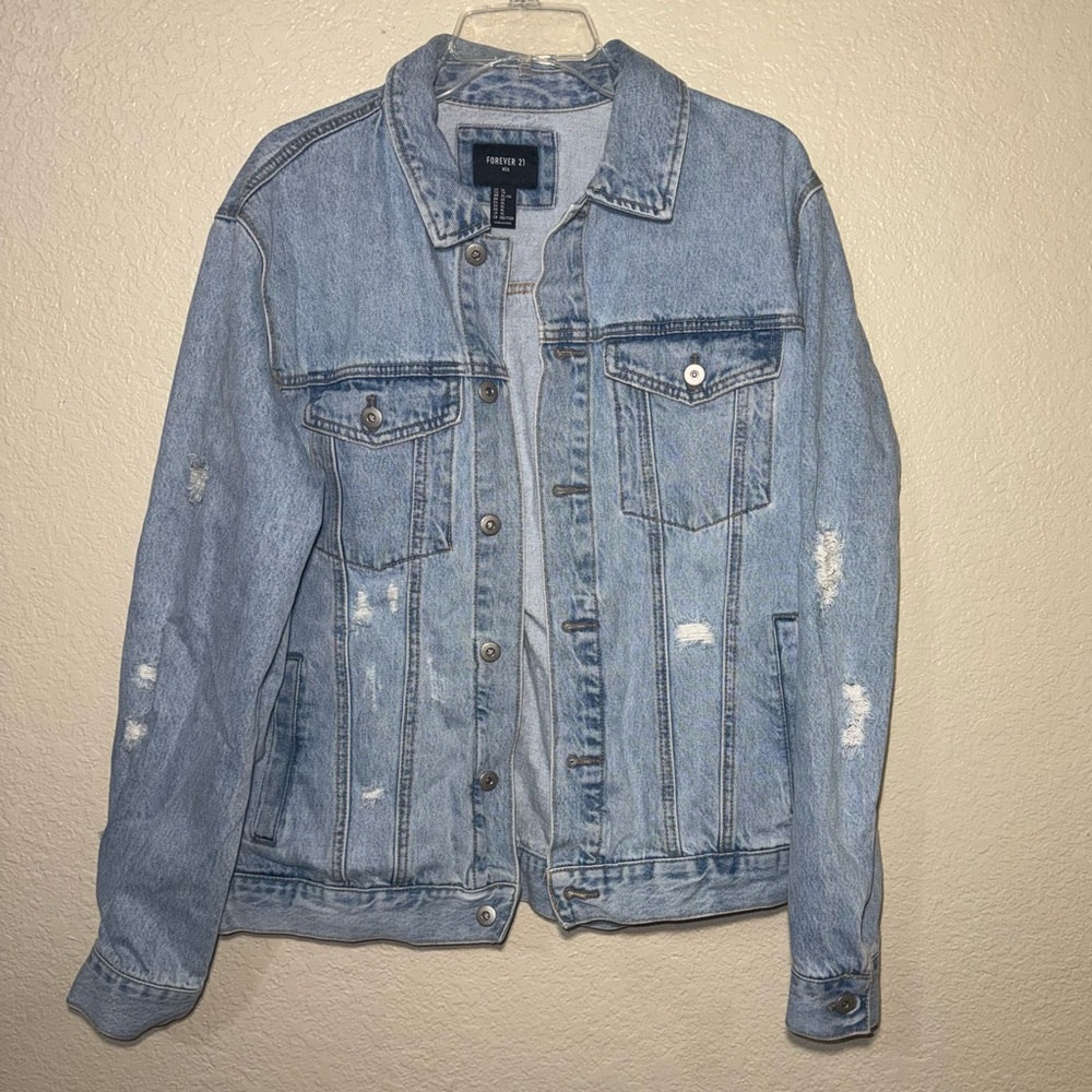 Forever 21 Men’s Denim Jacket XL Light Wash Distressed Trucker Y2K